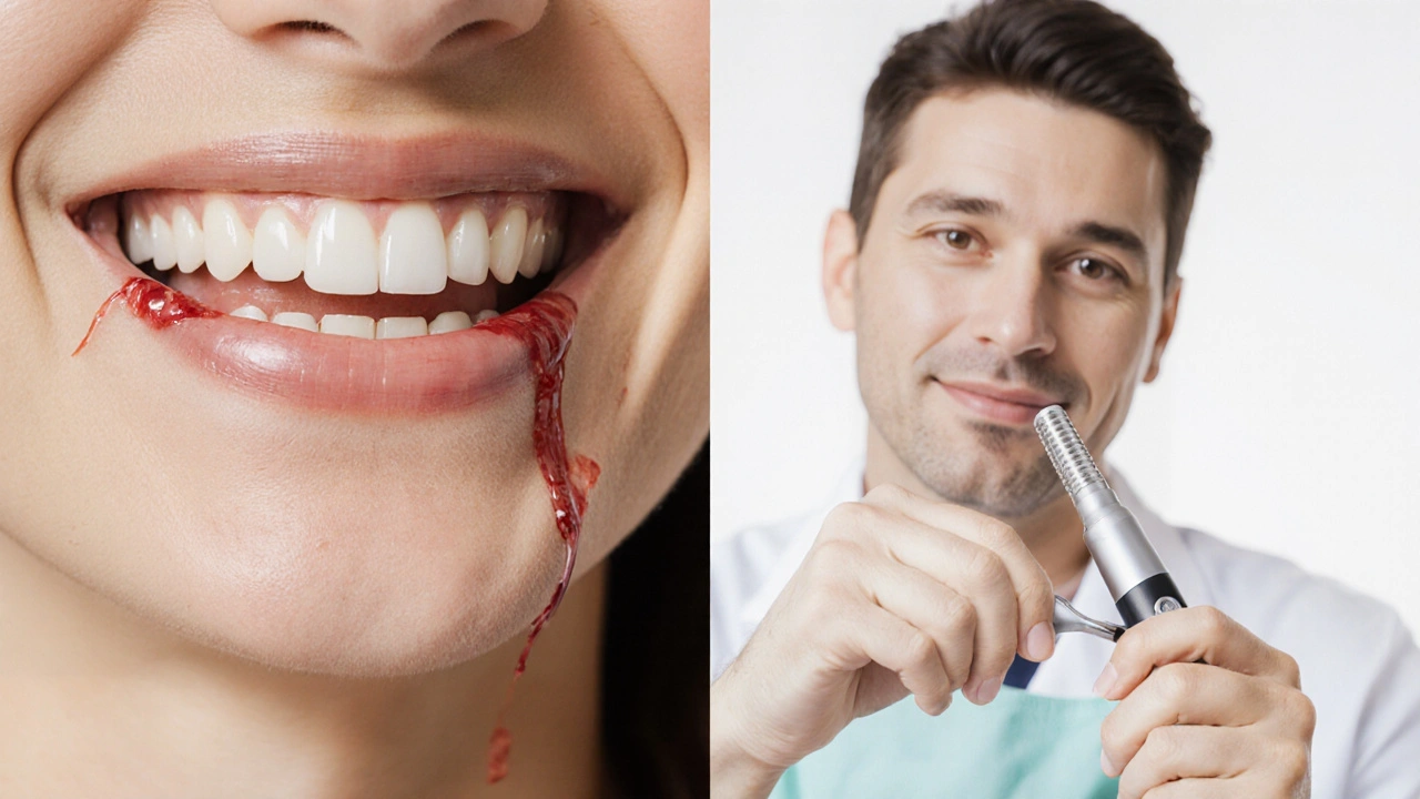 Dvojí scéna: člověk se světlými zuby a krvácením dásní vs. zubní lékař odstraňující kámen.