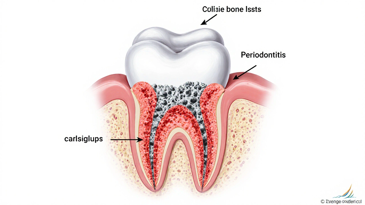 Křížový řez zubu s kamenem pod dásní a postupnou ztrátou kosti.