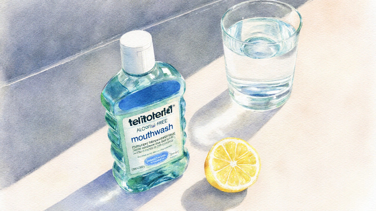 Čistý koupelnový pult s fluoridovou pastou, alkoholfrou moučivou ústní vodou a citronovým plátkem.