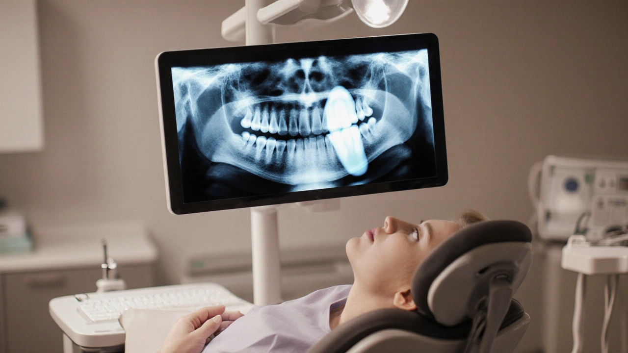 Dentista provádí rentgenové vyšetření moudrosti, zobrazuje úhel a polohu zubu.