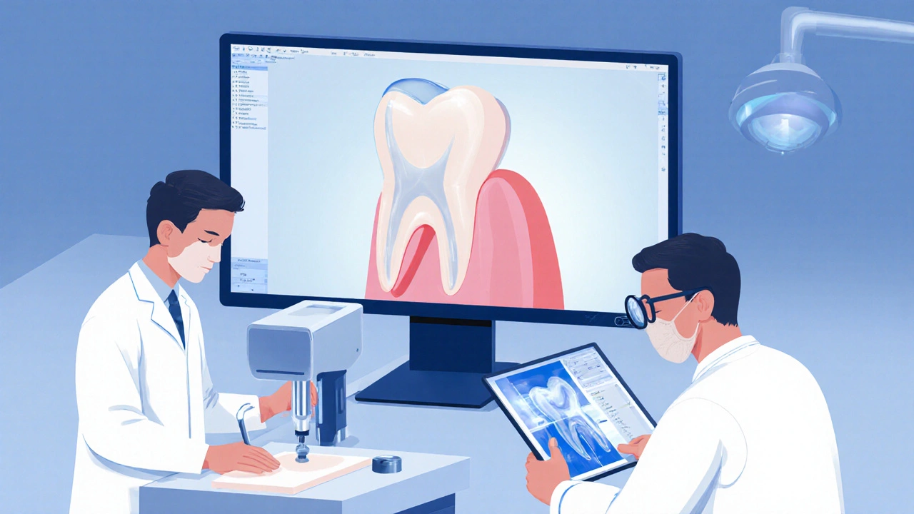 Digitální sken a výroba porcelánové fazety v zubní laboratoři.