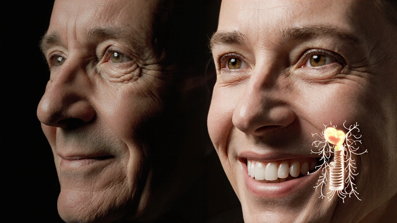 Dvě verze obličeje: jedna s rozpadnutou čelistí, druhá s obnovou díky implantátům.