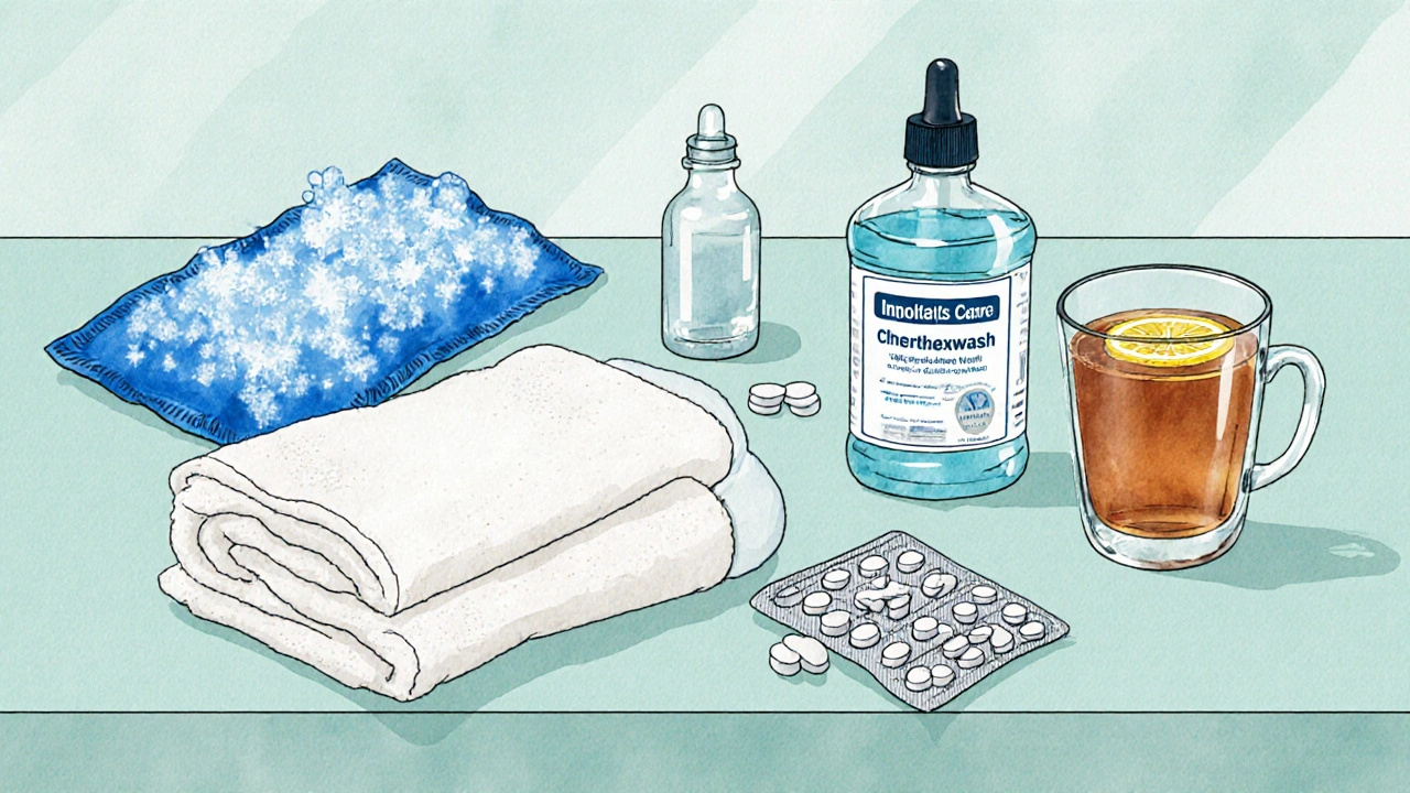 Flat‑lay s ledovým obkladem, teplým hadříkem, ústní vodou, ibuprofénem a čajem.