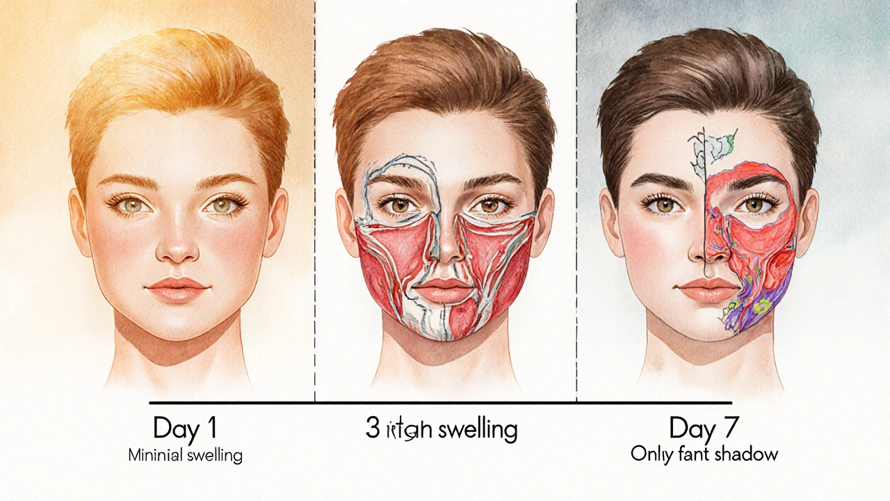 Ilustrace průběhu otoku po vytržení zubu: den 1, den 3 a den 7 s postupným zmenšováním.