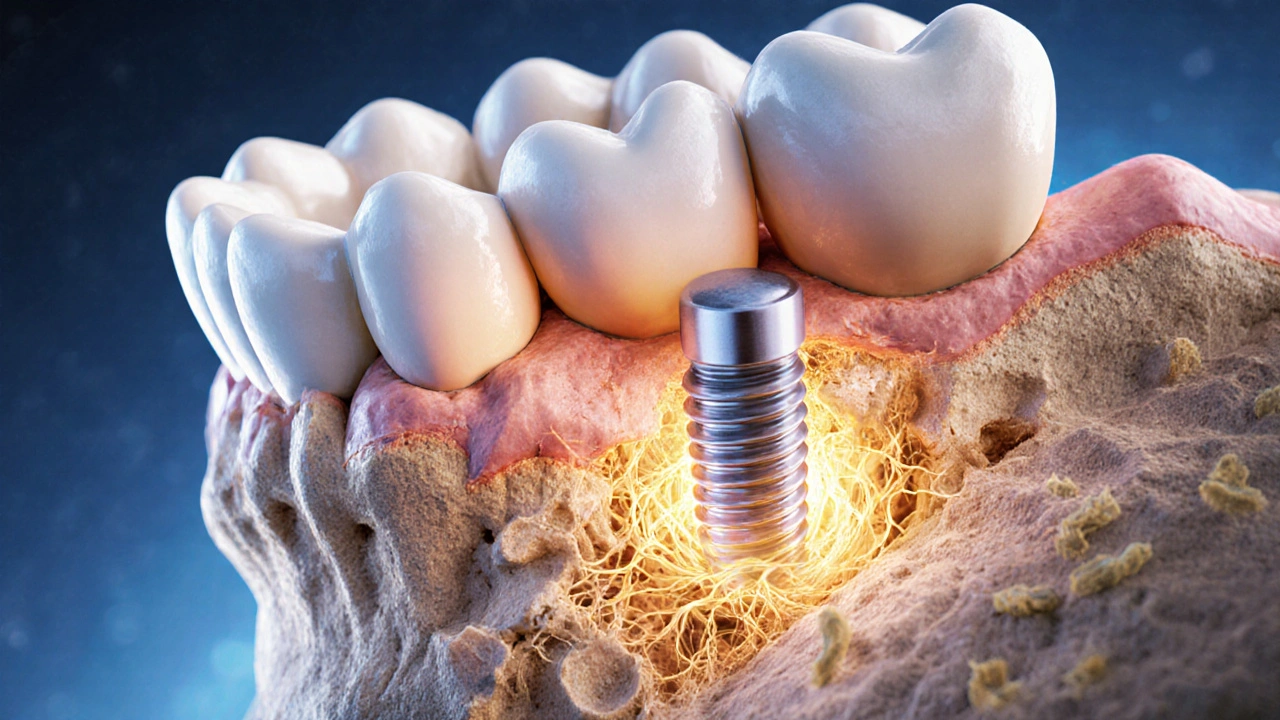 Příčný řez čelistí s osteoporózou a implantátem stimulujícím růst kosti.