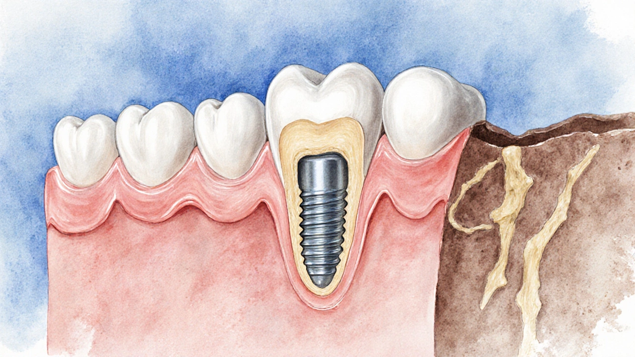 Řez čelistí s implantátem a nově vyrůstající kostí, symbolizující hojení.