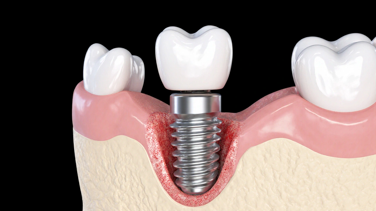 Řez čelistí ukazuje titanový implantát v kostře s červeným náznakem zánětu dásní.