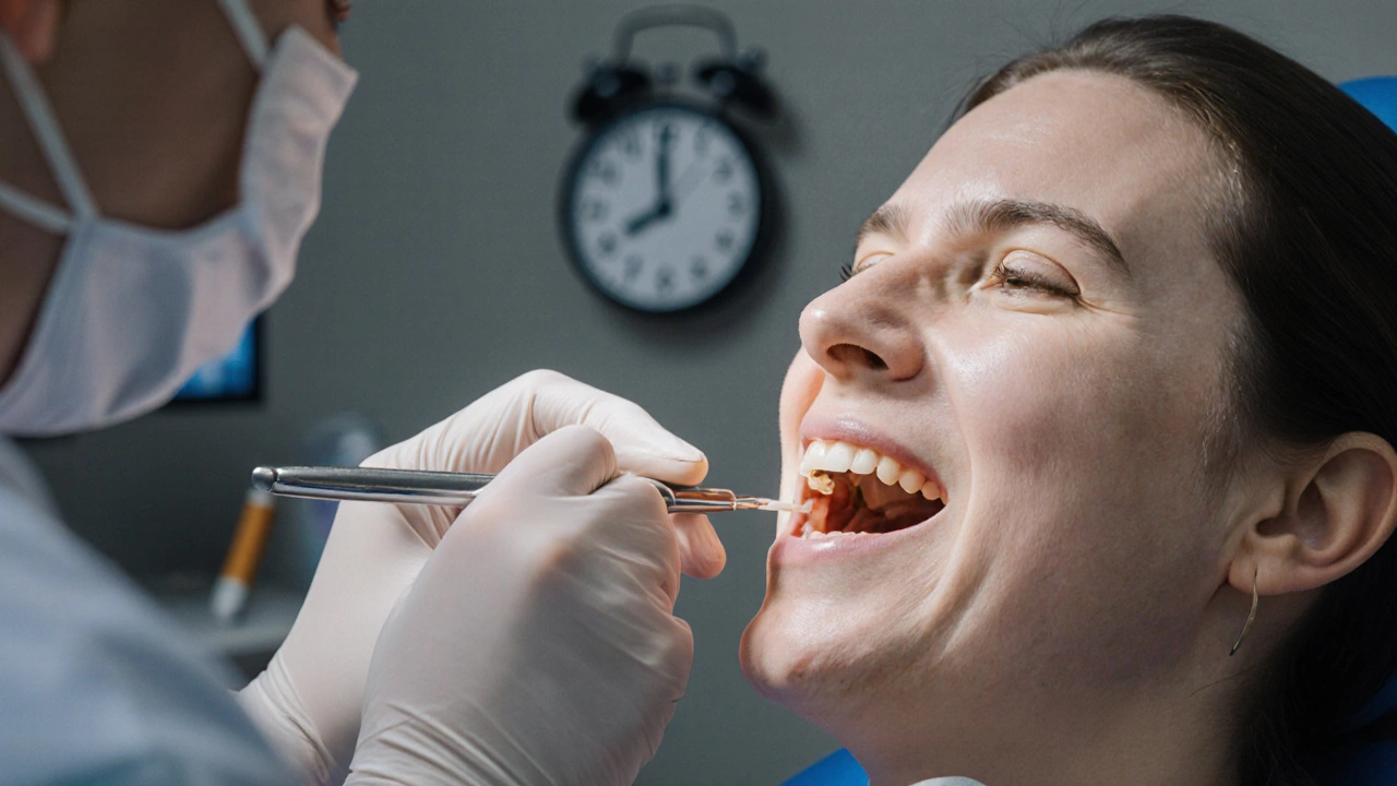 Zubní lékař odstraňuje kousíček kosti z díry po vytržení zubu, otok již téměř zmizel.