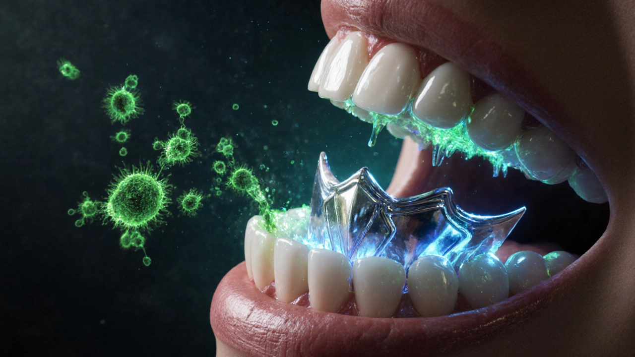 Bitva kyselin a fluoridu uvnitř úst s ochranným štítem.