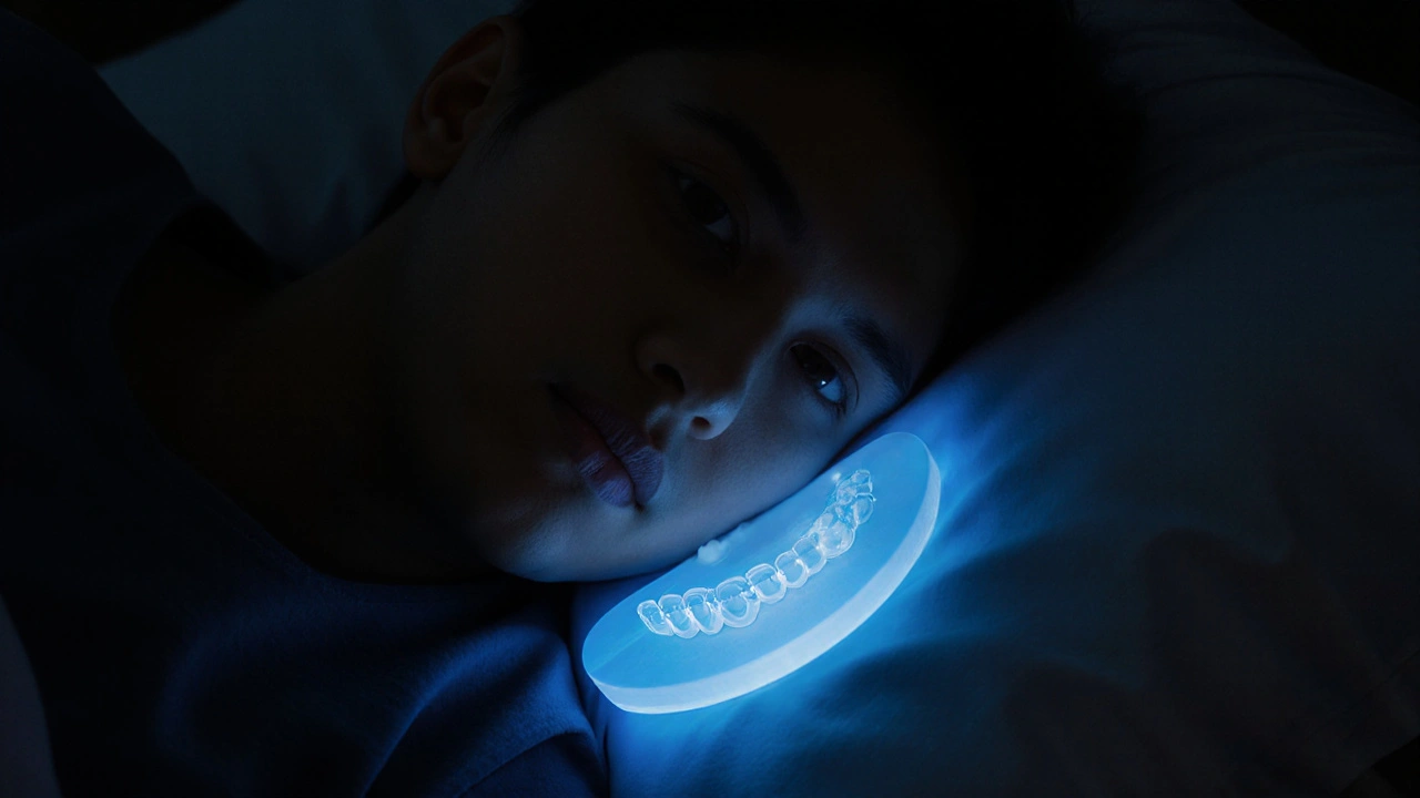 Člověk spí s chladným obkladem na obličeji a viditelným voskem na rovnátku.