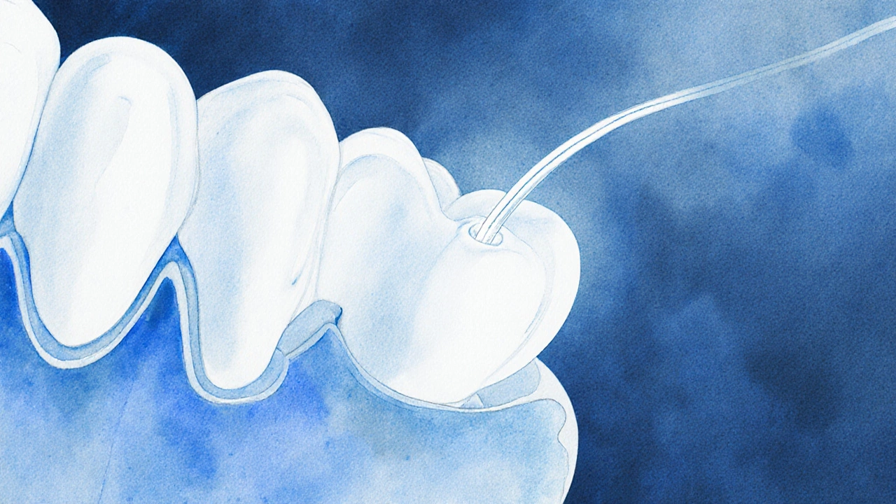 Dental floss odstraňuje plak mezi zuby, viditelný mikroskopický pohled.