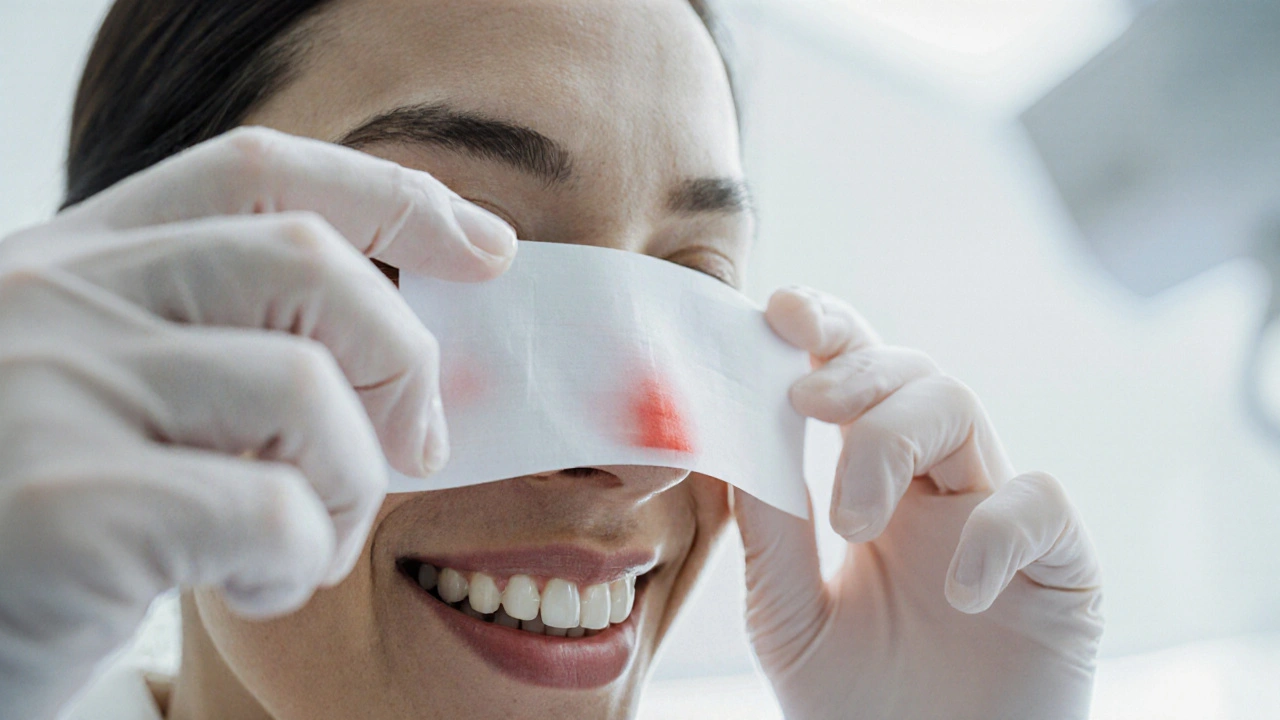 Dentista používá tenký papír k detekci příliš vysokého kontaktu keramických zubů.