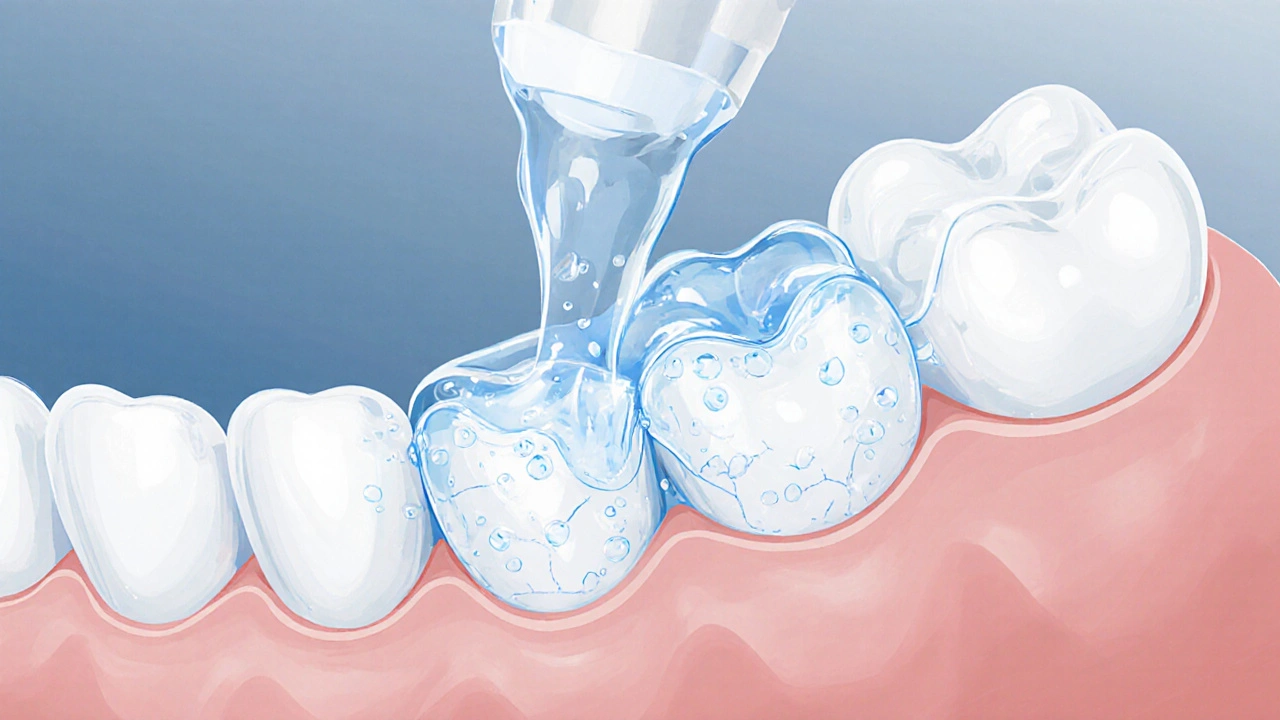 Detail formy s bělícím gelem uvolňujícím kyslík do skloviny zubu.