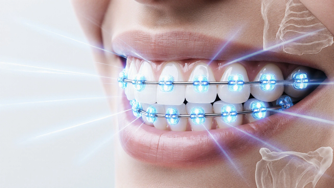 Detail zubních drátků s symbolickým znázorněním jemného tlaku na zuby.