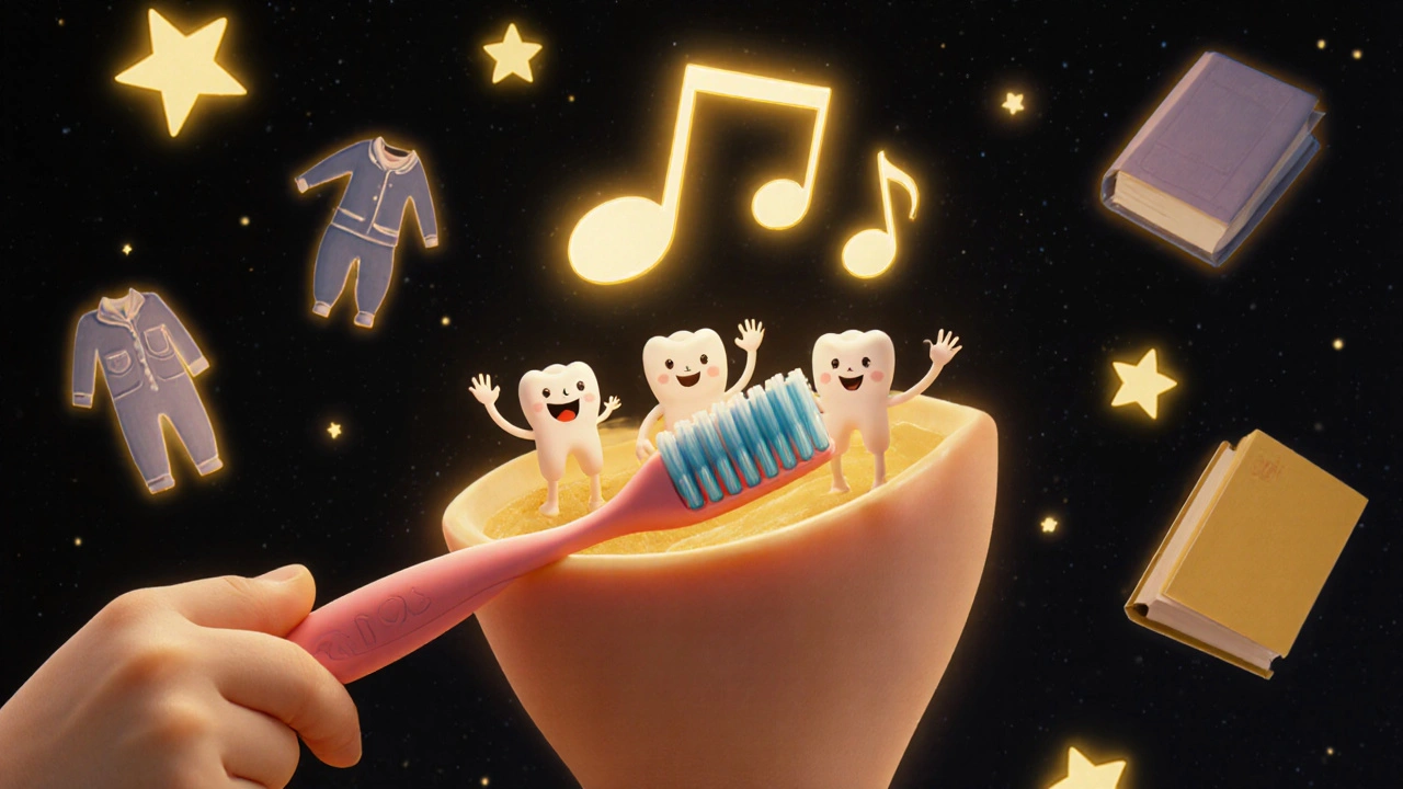 Dítě čistí zuby, zatímco zuby v ústech vypadají jako šťastné postavičky.