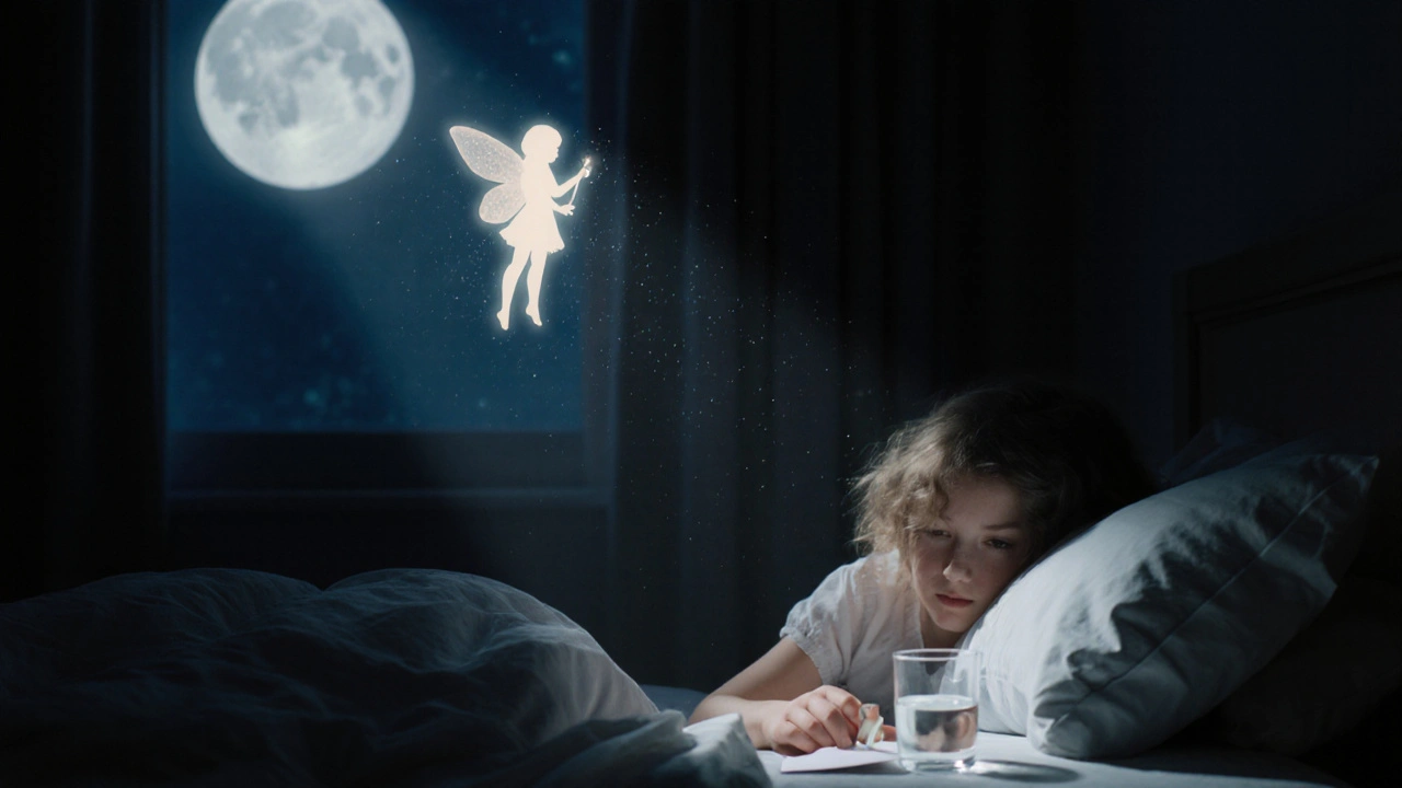 Dítě položilo vypadlý zub pod polštář, měsíční světlo osvětluje pokoj.