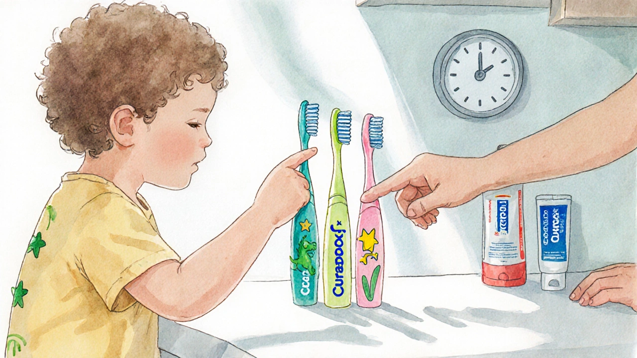 Dítě vybírá mezi dvěma barevnými kartáčky pro zuby na koupelně.
