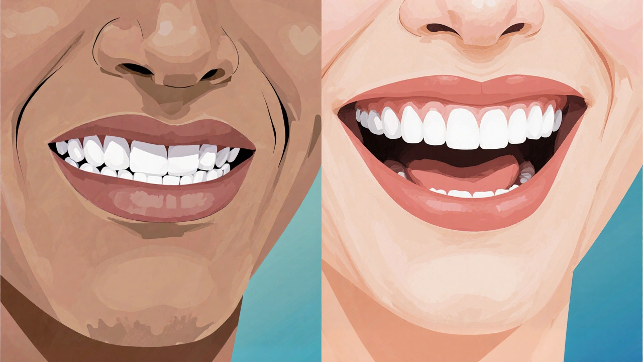 Dvě strany jedné osoby: starý nejistý úsměv a nový sebedůvěrný úsměv.