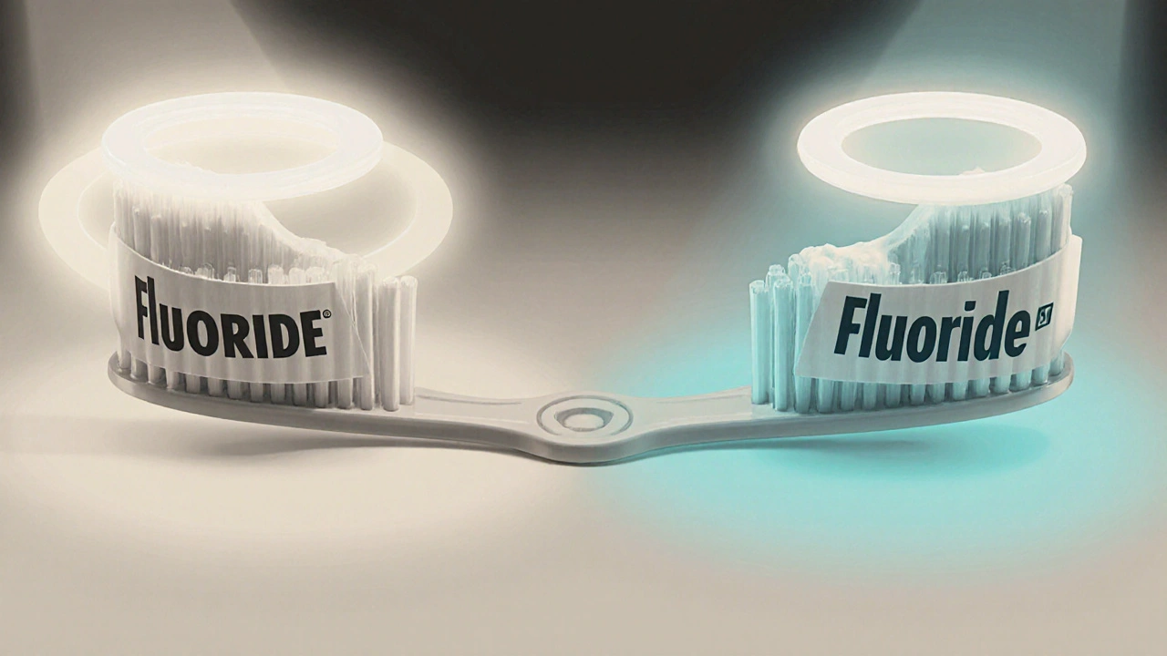 Dvě zubní pasty: jedna s fluoridem a ochranou, druhá bez.