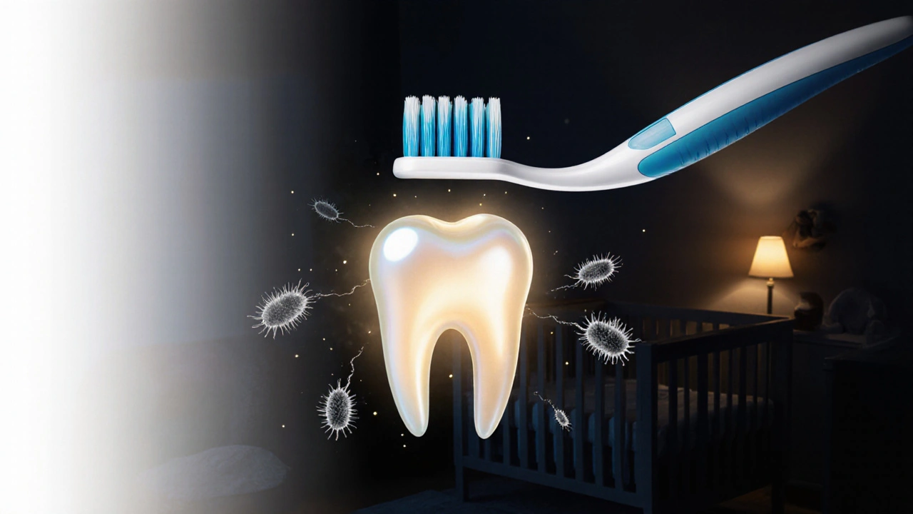 Jemný zoubek chráněný kartáčkem před bakteriemi v klidné ložnici.