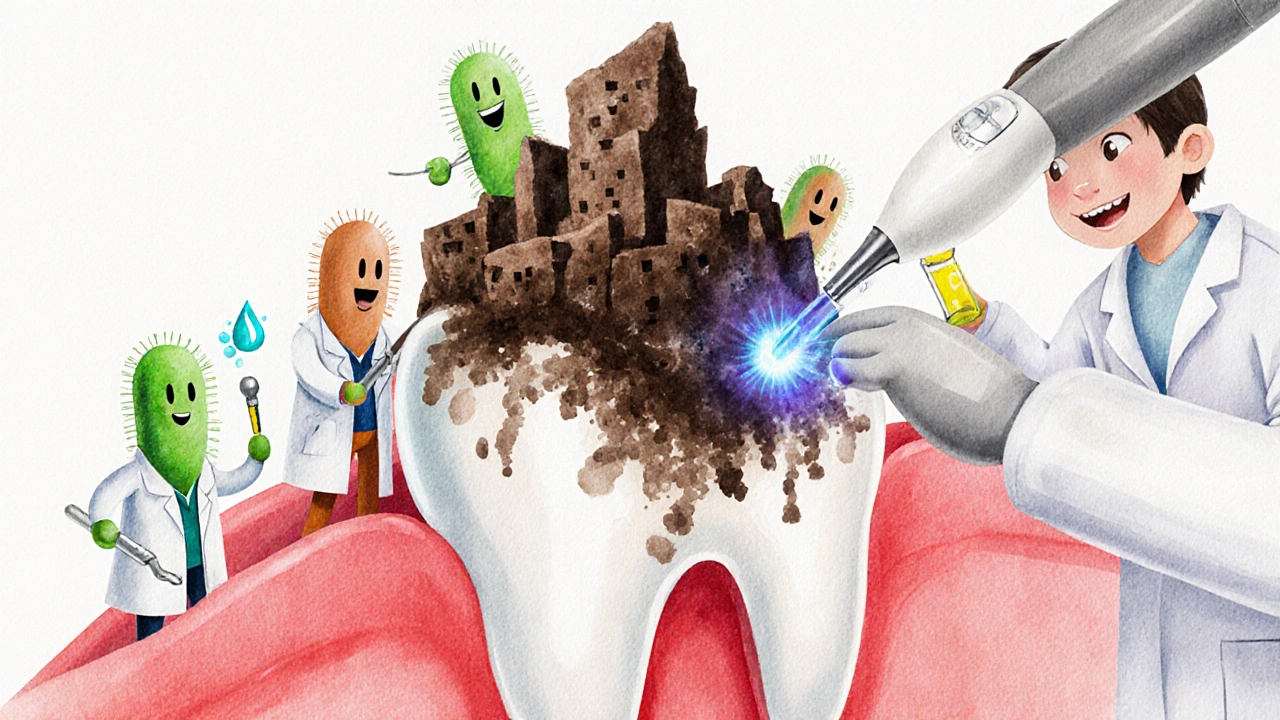 Konceptuální obrázek zubního kamene jako pevnosti, kterou ničí zubní lékař