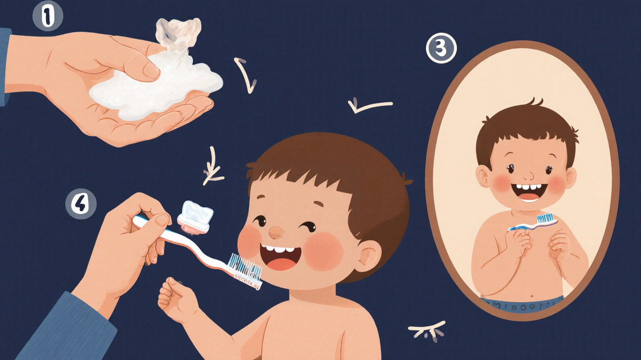 Kroky čištění zubů miminka: ruce, pasta, kartáček, zrcadlo.
