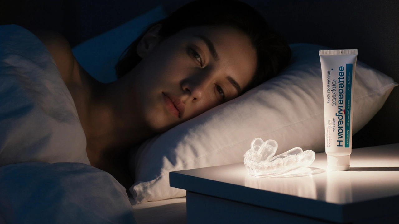 Noční ochranná štětice na nočním stolku vedle zubní pasty s hydroxyapatitem