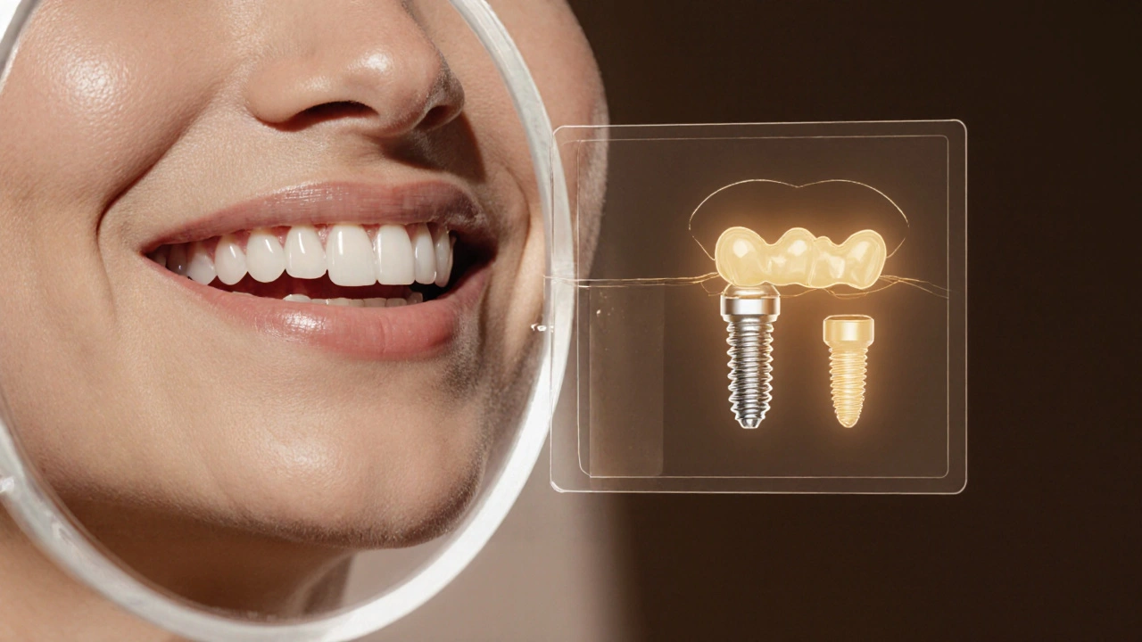 Odraz úsměvu v zrcadle s přehledem skryté struktury implantátu pod dásní.