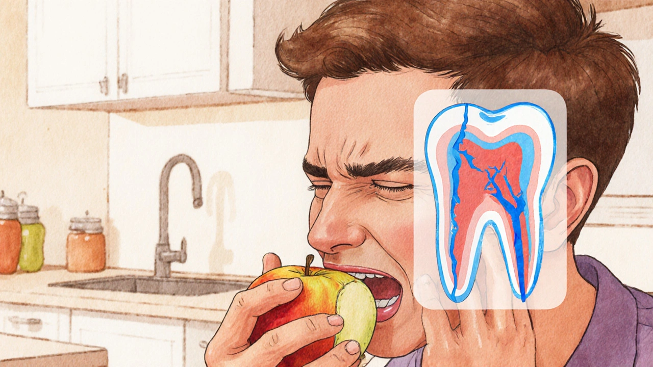 Osoba cítí bolest při kousnutí jablka, vnitřní prasklina v zubu je zobrazena jako průhledná čára.