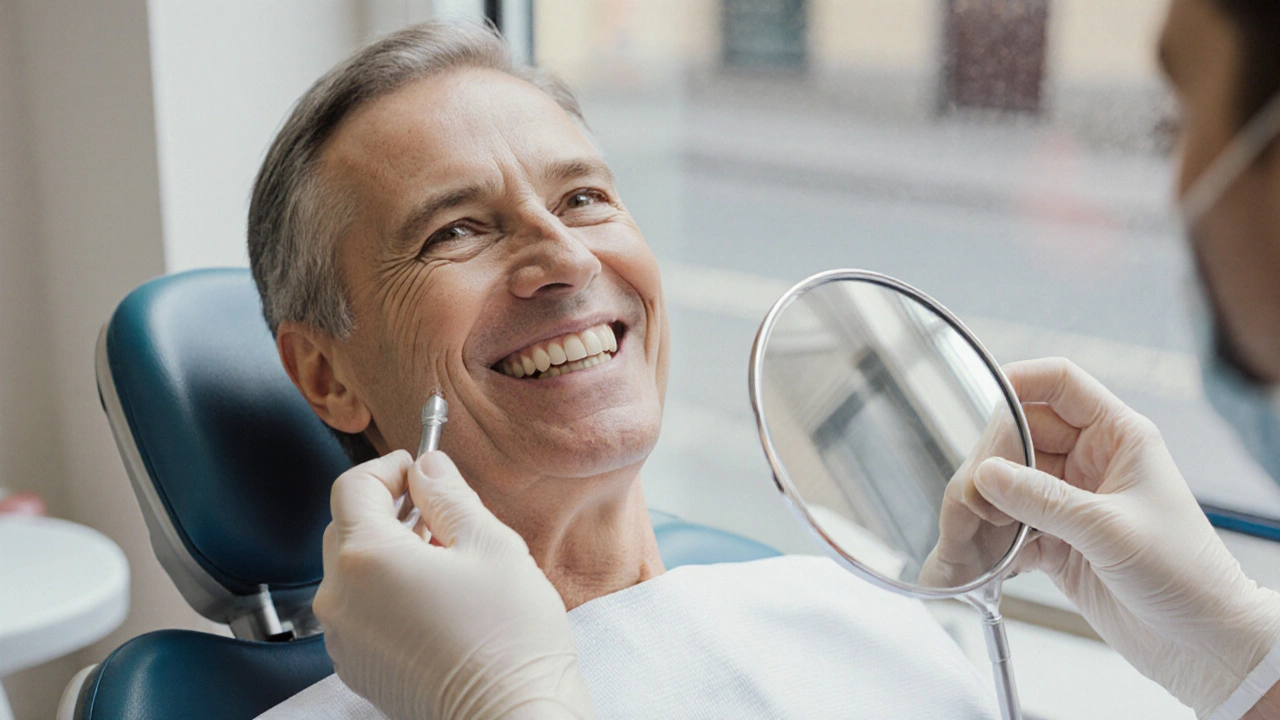 Pacient po profesionálním bělení zubů, zubní lékař kontroly jeho úsměv v zrcátku.