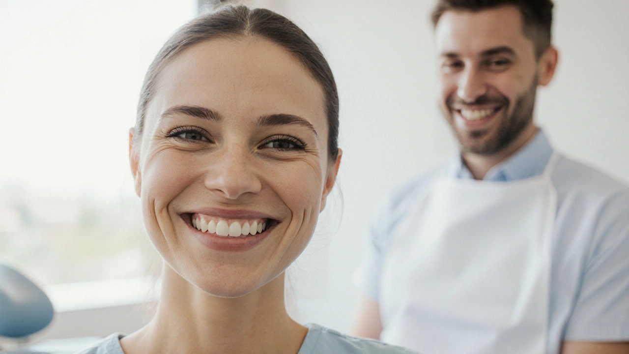 Pacientka se směje s novými keramickými veneers, zářící úsměv v klinice.
