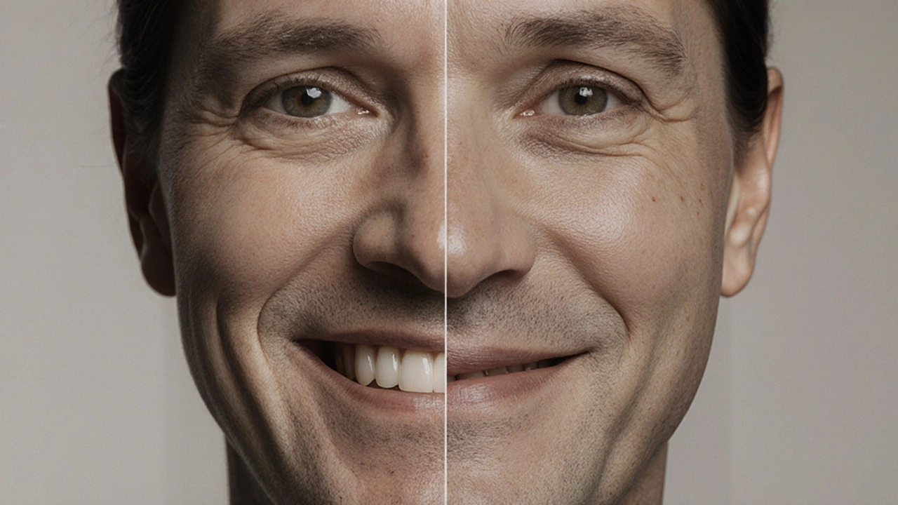 Porovnání mladého a staršího obličeje způsobeného ztrátou zubní kosti