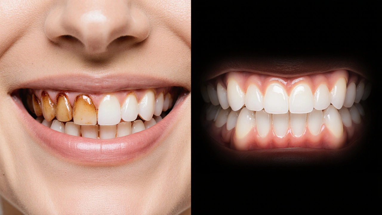 Porovnání tmavých a osvětlených zubů po použití Opalescence.