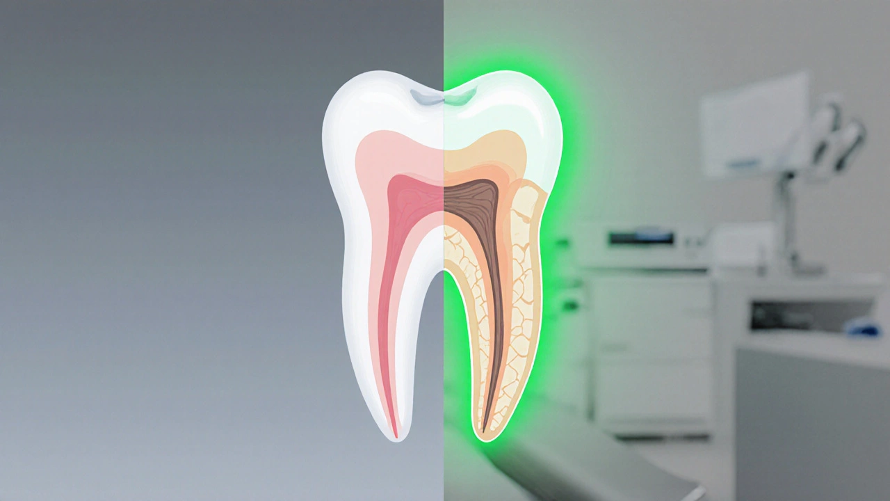 Porovnání zdravého zubu a zubu po resekci s hojením kosti.
