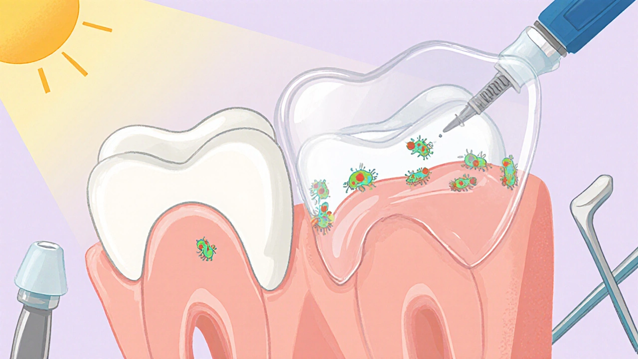 Porovnání zubu s hlubokými drážkami a zubu s ochrannou záplatou proti kávě.