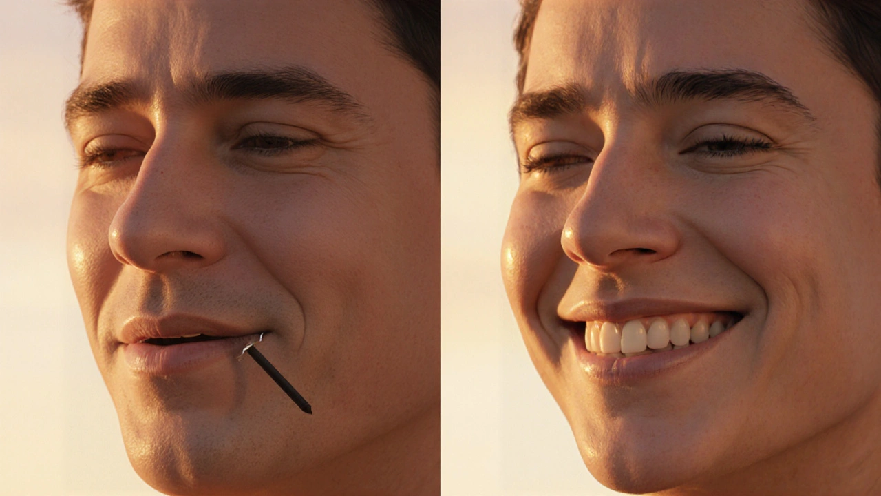 Před a po transformaci obličeje pacienta po maxilofaciální chirurgii.