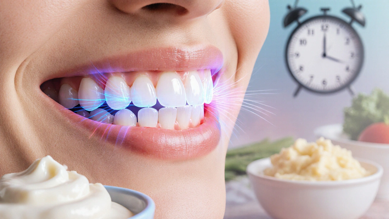 Přehled čelisti s keramickými korunkami a teplotními vlnami, okolo měkké potraviny.