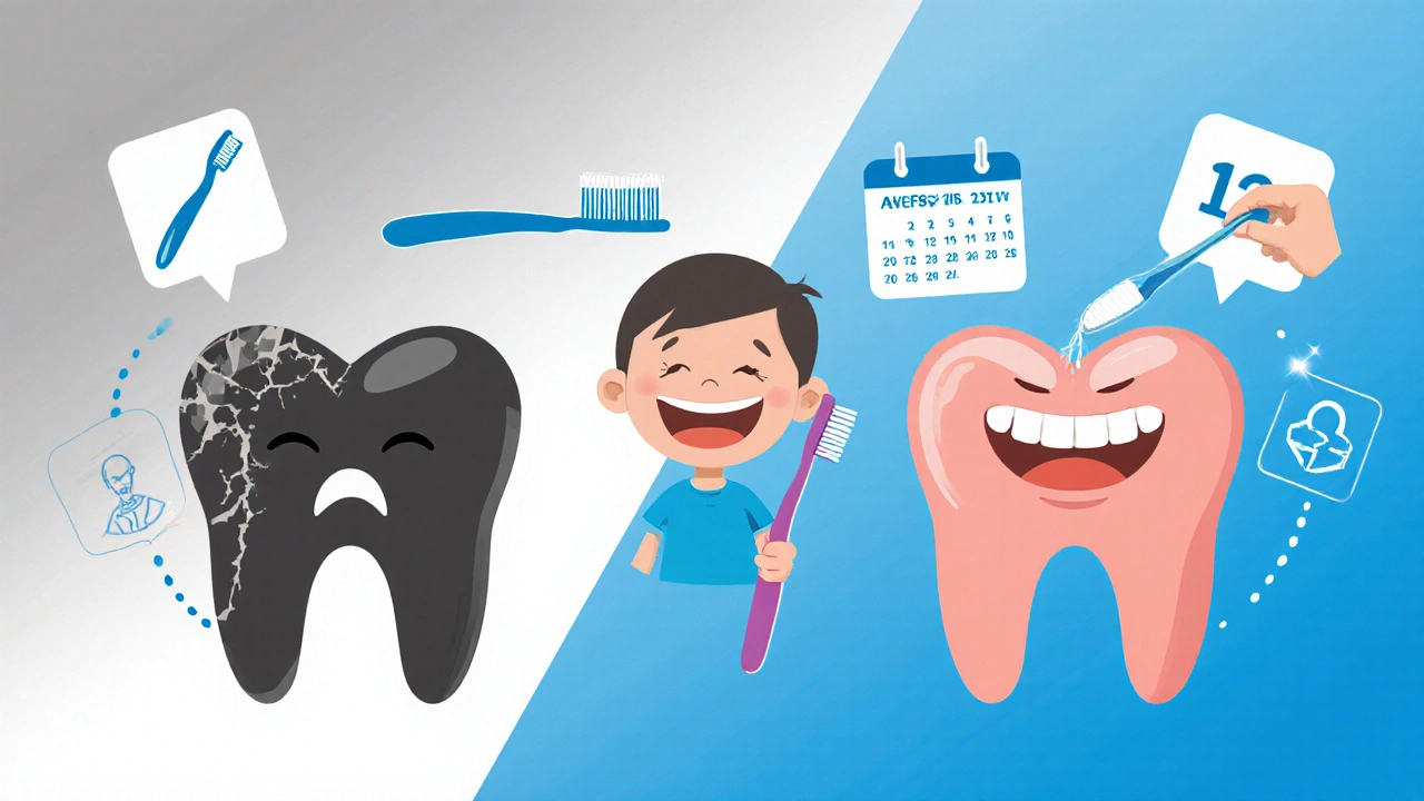 Přeměna zničeného zubu na zdravý s ochranou, symbolizující prevenci kávy.