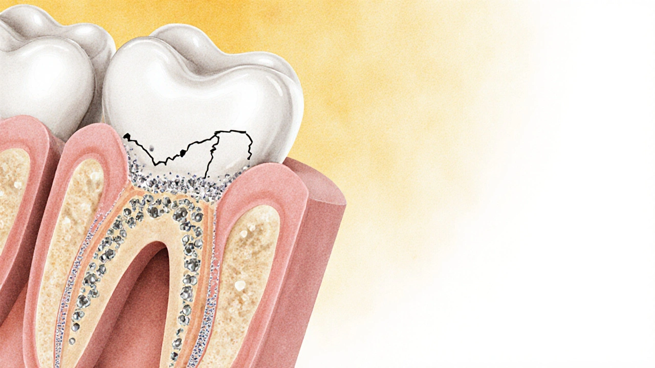 Příčný řez zubem s minerály hydroxyapatitu opravujícími mikrotrhliny a enzymy odstraňujícími plak.