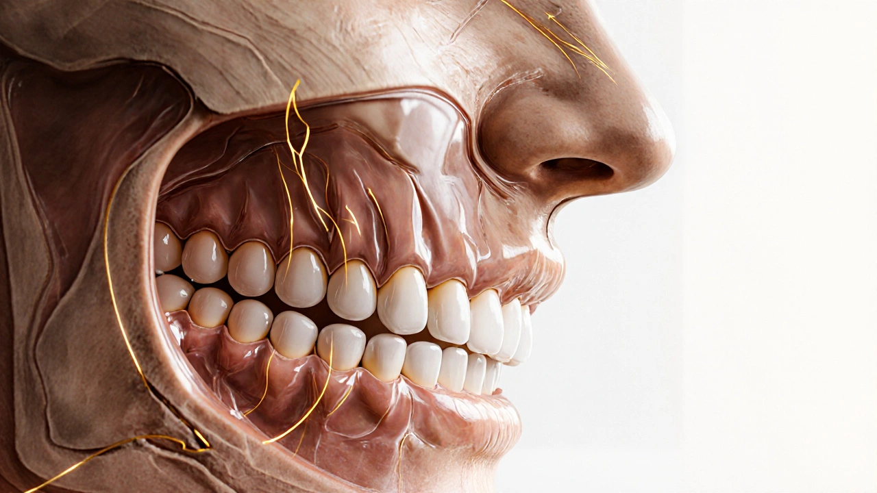 Průhledný profil hlavy ukazující uspořádání zubů a jejich vliv na trávení.