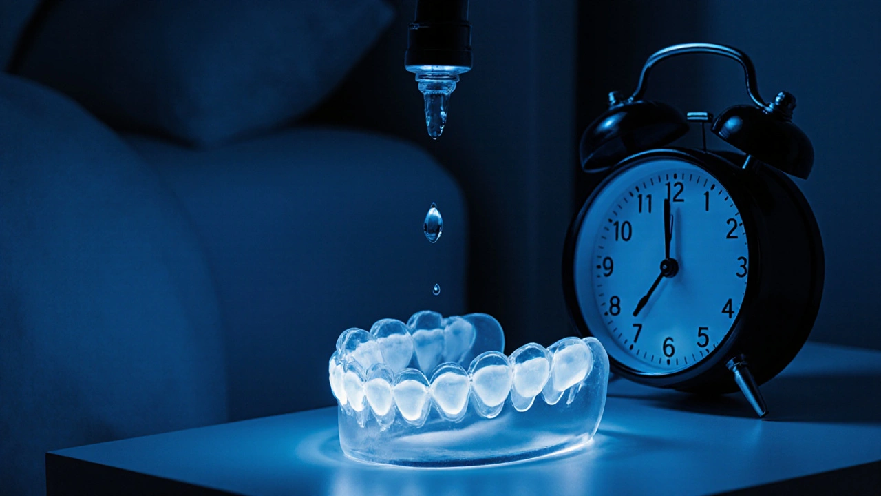 Průhledný retenční držák na nočním stole v noci, s jemným zábleskem posunutých zubů ve tmě.