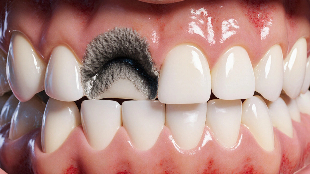 Průřez dvěma zuby s rozvíjejícím se kazem v mezeře a zánětlivou dásní na pozadí.