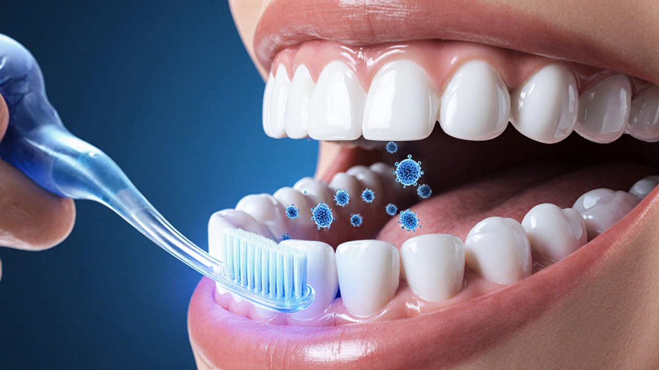 Průřez úst s molekulami fluoridu vázajícími se na sklovinku zubu.