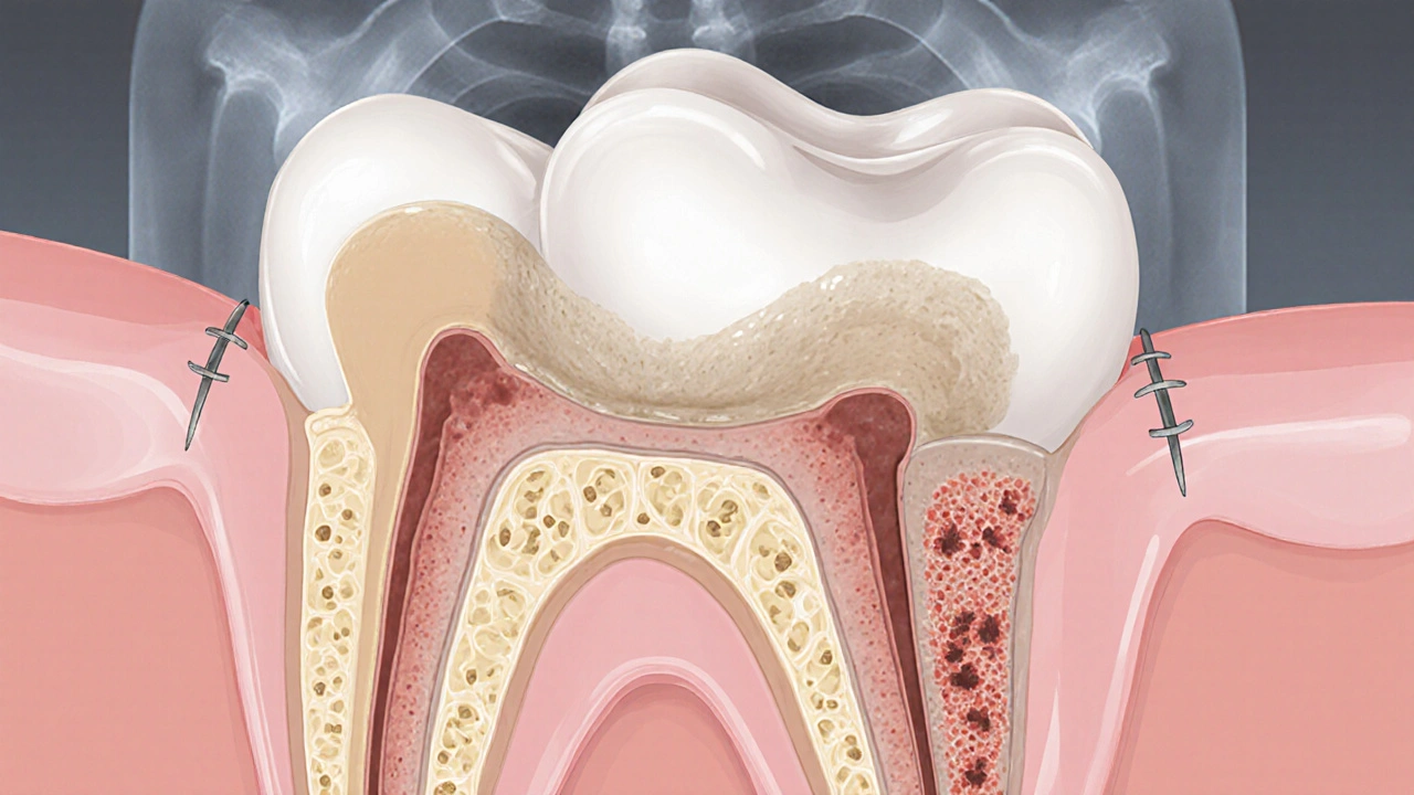 Průřez zubu po resekci s uzavřeným koncem kořene a hojící se kostí.