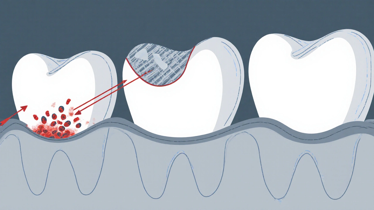 Průřez zubu s korunkou ukazující nárůst plaku a zánět dásně vedoucí k ústupu dásně.