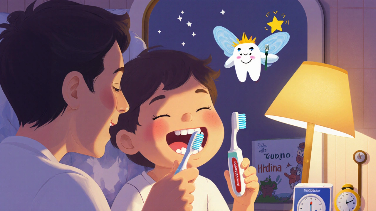 Rodič čistí zuby dítěti ve večerním rituálu pod měkkým světlem