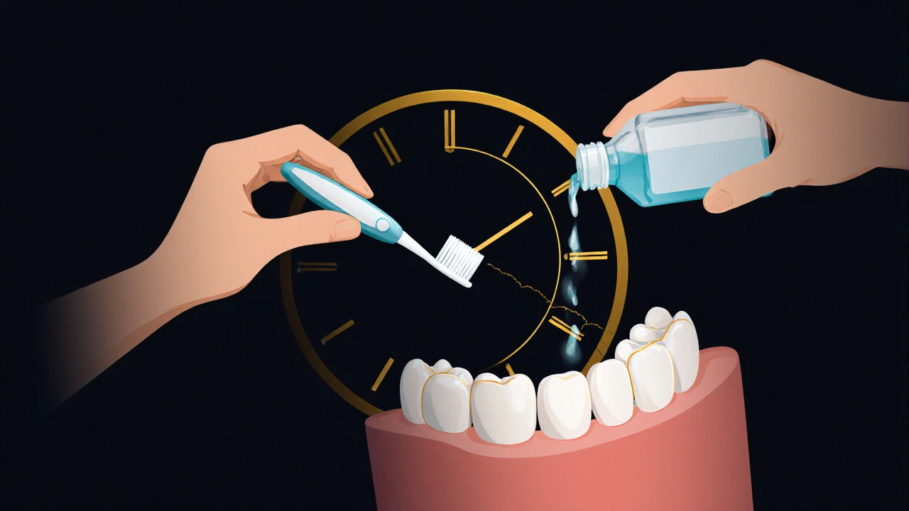 Ruce s mezizubním kartáčkem a ústní vodou, hodiny ukazují 30–60 sekund.