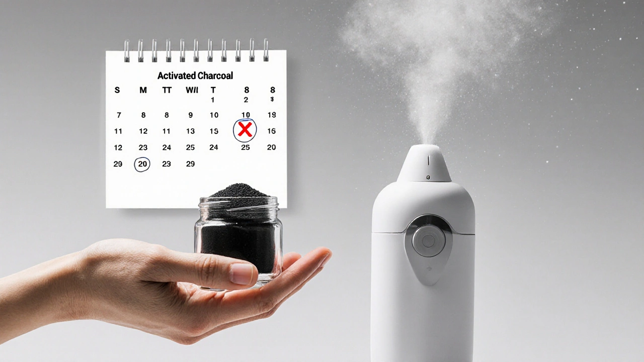 Ruka drží uhlíkový prášek vedle zařízení pro air flow, kalendář ukazuje doporučené používání.