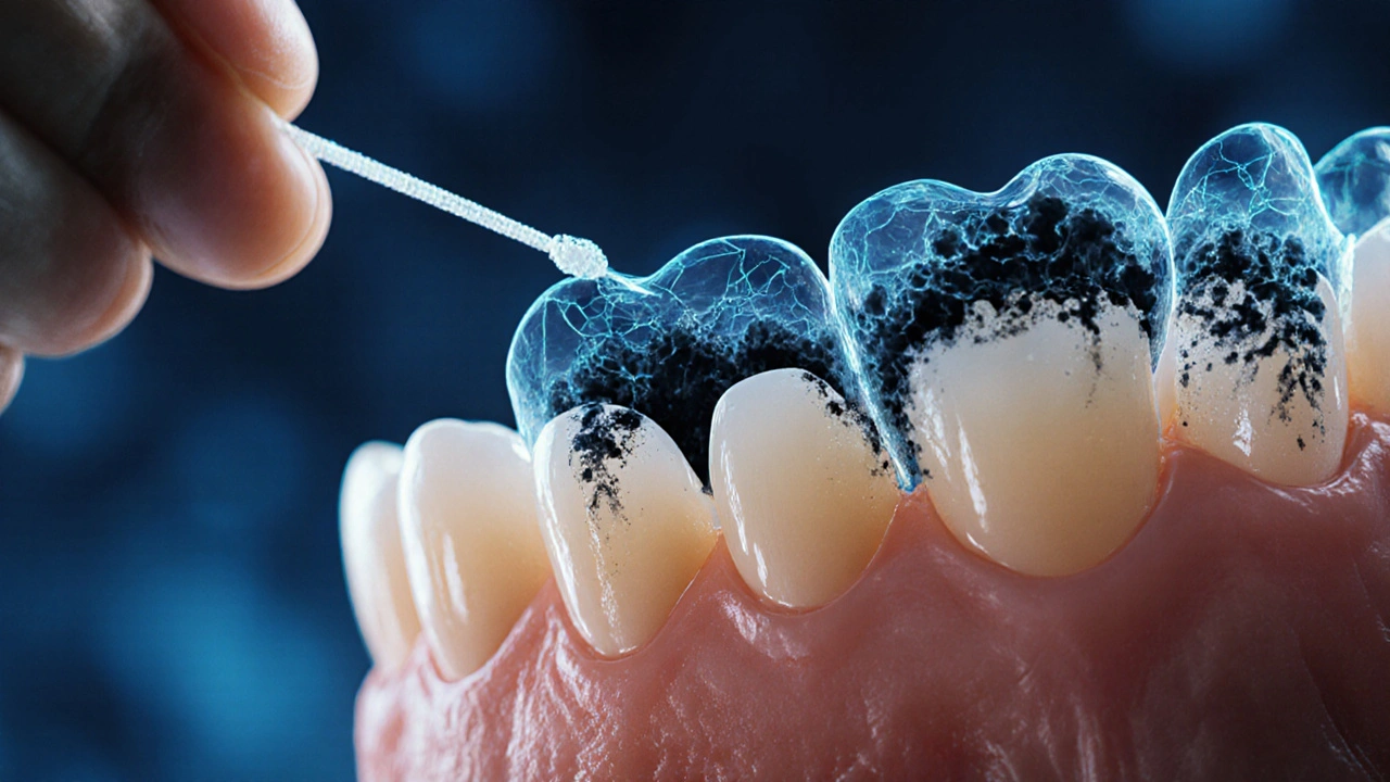 Ruka držící nit mezi zuby s mikroskopickým zobrazením bakterií ničících zubní sklovinku.