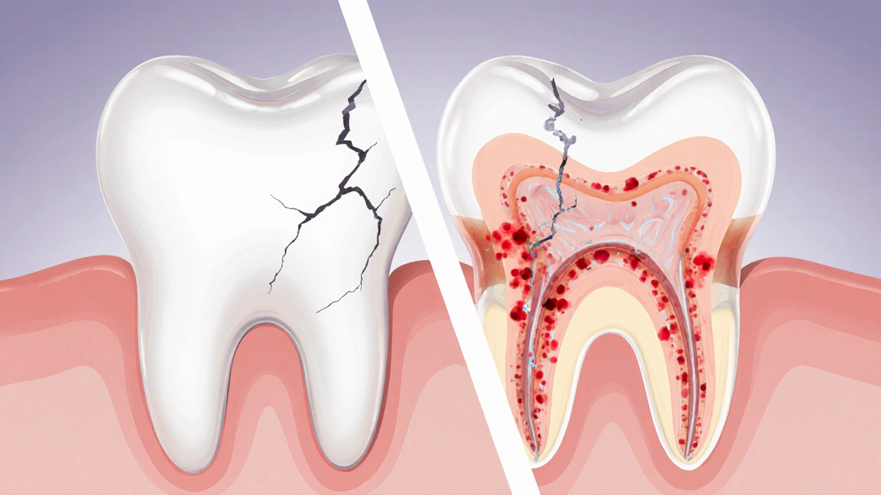 Srovnání zdravého zubu a zubu s prasklinou a infekcí vnitřních tkání